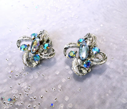 STRIKING Vintage AB Rhinestone Earrings, Lovely Sparkling Blue Glass Earrings, Mid-Century Clip On Earrings,Collectible Jewelry