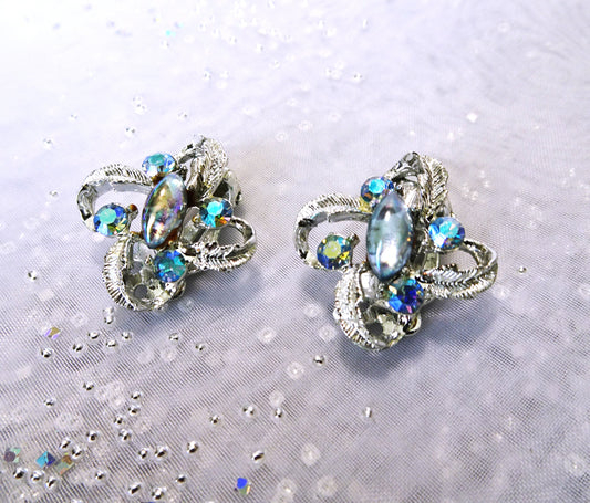STRIKING Vintage AB Rhinestone Earrings, Lovely Sparkling Blue Glass Earrings, Mid-Century Clip On Earrings,Collectible Jewelry
