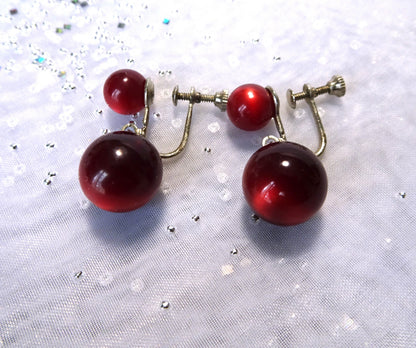LOVELY Glowing Moonglow Earrings, Striking Ruby Red Earrings, Drop Earrings, Collectible Vintage Jewelry