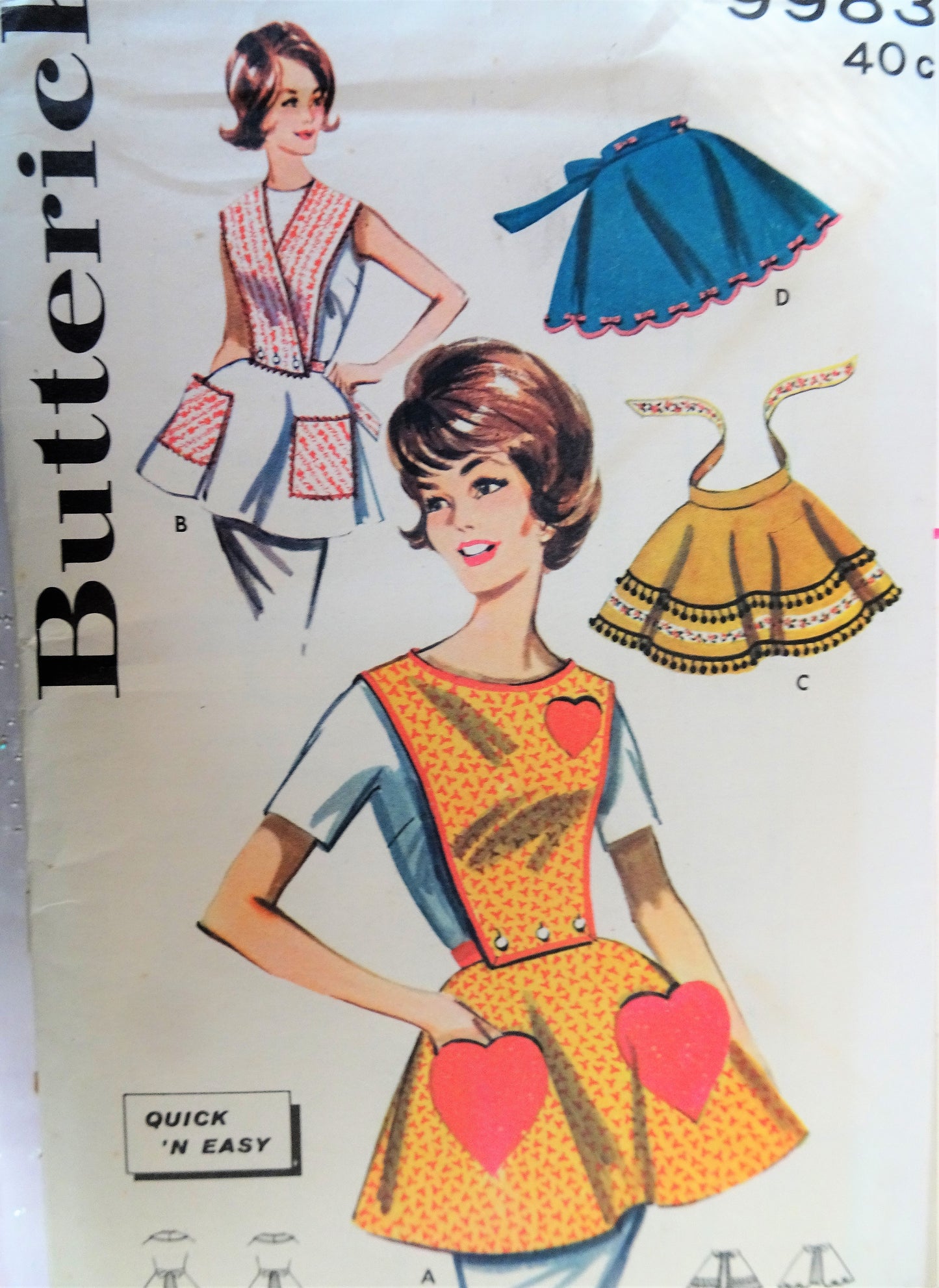 1960s QUICK n EASY Apron Pattern BUTTERICK 9983  Button On Bib and Hostess Aprons 4 Style Versions Size Large Bust 38-40 Vintage Sewing Pattern FF