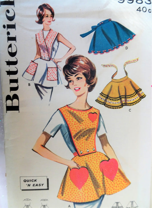 1960s QUICK n EASY Apron Pattern BUTTERICK 9983  Button On Bib and Hostess Aprons 4 Style Versions Size Large Bust 38-40 Vintage Sewing Pattern FF