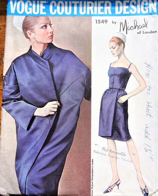 1960s RARE Cocktail Party Evening Dress and STUNNING Coat Pattern VOGUE Couturier Design 1549 Rare Michael of London Design Bust 31 Vintage Sewing Pattern