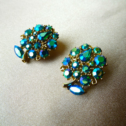 GORGEOUS Peacock Blue LISNER Earrings, Sparkling Faceted Glass Earrings, Clip On Earrings, Gold Tone Metal, Collectible Mid Century Earrings