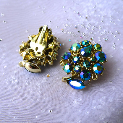 GORGEOUS Peacock Blue LISNER Earrings, Sparkling Faceted Glass Earrings, Clip On Earrings, Gold Tone Metal, Collectible Mid Century Earrings