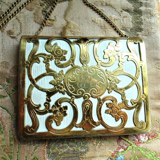 BEAUTIFUL Antique Purse, Engraved German Gilt Silver and White Leather Dance Purse, Calling Card Case,Business Card Holder ,Lovely Monogram