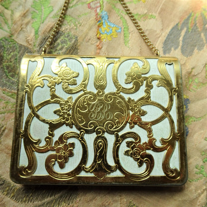 BEAUTIFUL Antique Purse, Engraved German Gilt Silver and White Leather Dance Purse, Calling Card Case,Business Card Holder ,Lovely Monogram
