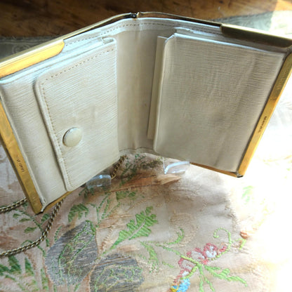 BEAUTIFUL Antique Purse, Engraved German Gilt Silver and White Leather Dance Purse, Calling Card Case,Business Card Holder ,Lovely Monogram