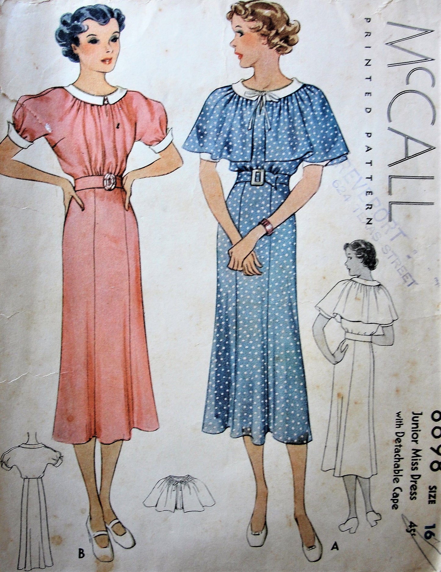 1930s LOVELY Dress and Detachable Cape Pattern McCALL 8698 Pretty Dress Day or Party Bust 34 Vintage Sewing Pattern
