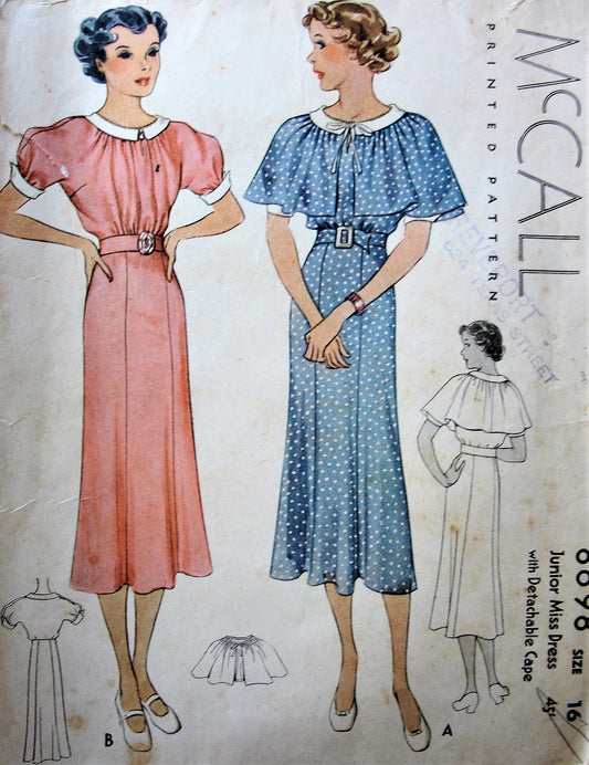 1930s LOVELY Dress and Detachable Cape Pattern McCALL 8698 Pretty Dress Day or Party Bust 34 Vintage Sewing Pattern