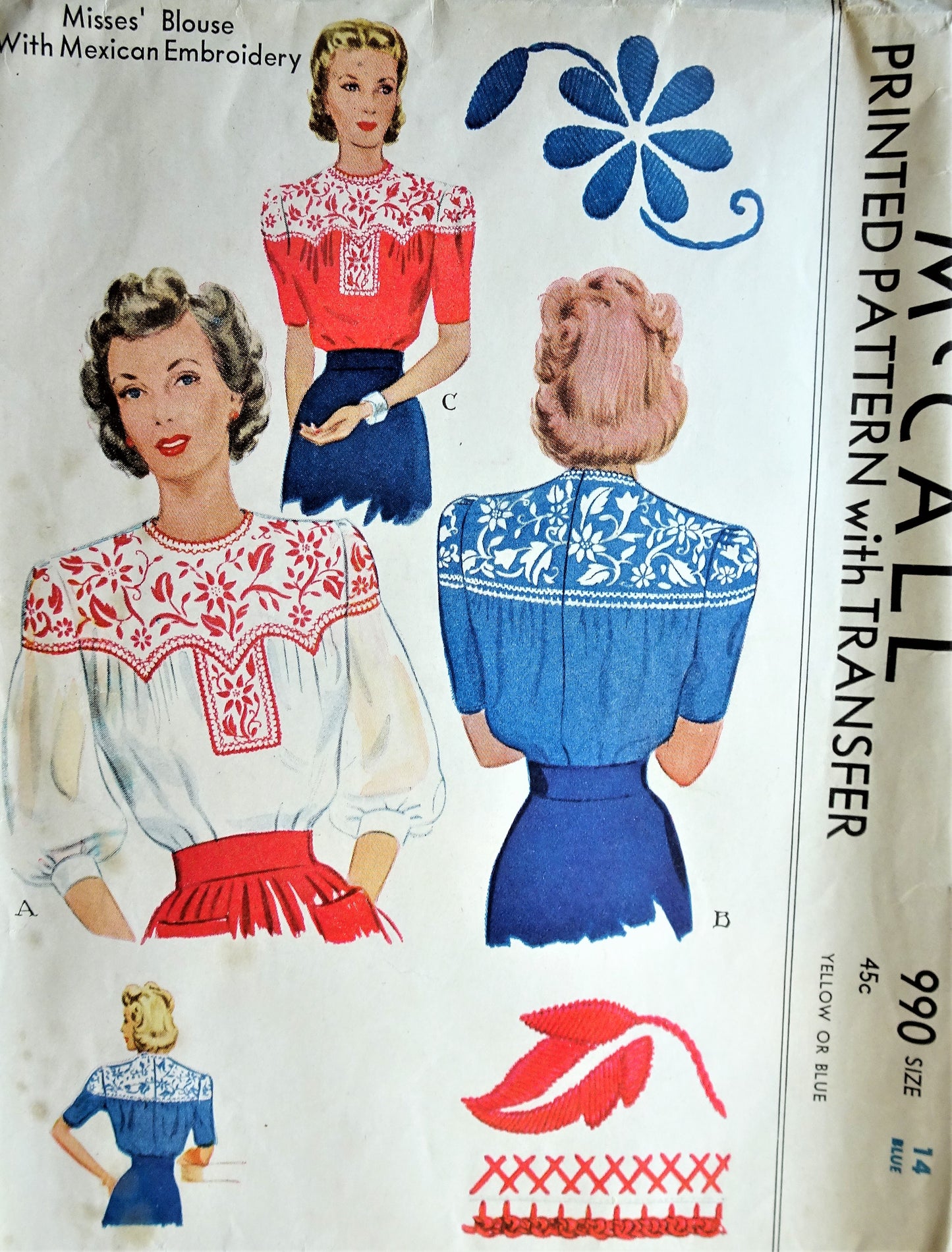 1940s BEAUTIFUL Blouse with Mexican Embroidery Pattern McCALL 990 Lovely Design, includes Embroidery Transfer Bust 32 Vintage Sewing Pattern