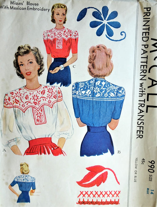 1940s BEAUTIFUL Blouse with Mexican Embroidery Pattern McCALL 990 Lovely Design, includes Embroidery Transfer Bust 32 Vintage Sewing Pattern