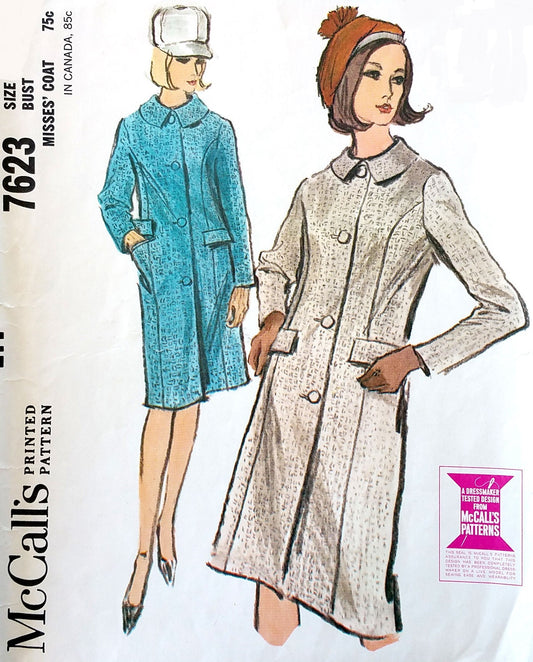 1960s MOD Slim Coat Pattern McCALLS 7623 Panel seaming Lined Coat Bust 31 Vintage Sewing Pattern FACTORY FOLDED