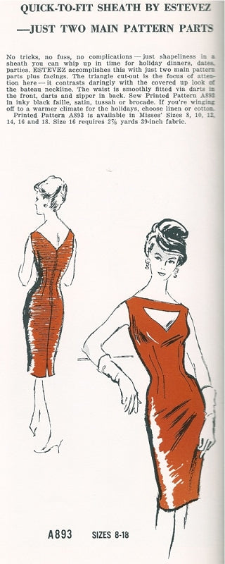 1960s  Estevez Evening Cocktail Dress Pattern PROMINENT DESIGNER  A893 Quick To Fit Sheath Peekaboo Cutout Neckline Figure Show Off Party Dress Bust 34 Vintage Sewing Pattern