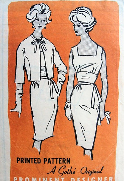 1960s CLASSY Gothe Original Evening Cocktail Dress and Jacket Pattern Lovely Low Square Neckline Scoop Back Slim Midriff Dress Bust 31 Vintage Sewing Pattern