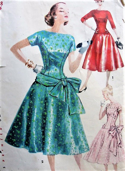 1950s LOVELY Princess Line Drop Waist Party Cocktail Evening Dress Pattern SIMPLICITY 1374 Flirty Large Side Bow, Bateau Neckline Bust 34 Vintage Sewing Pattern FF