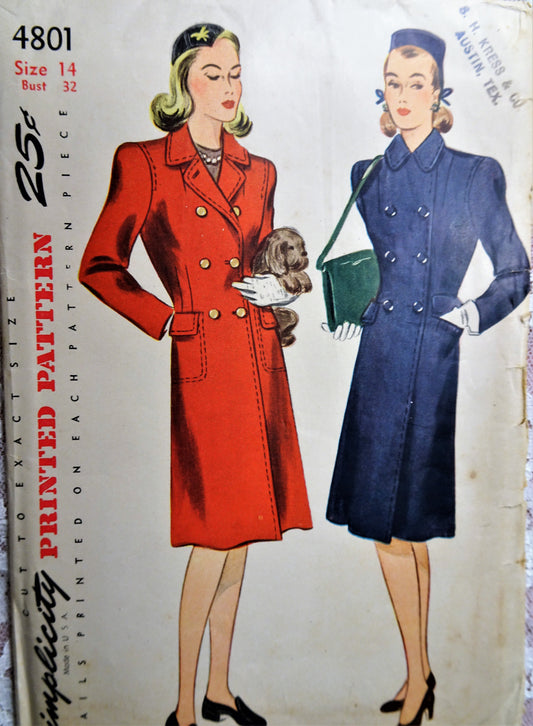 1940s CLASSY Double Breasted Coat Pattern SIMPLICITY 4801 WW II Coat with Beautiful Details Bust 32 Vintage Sewing Pattern