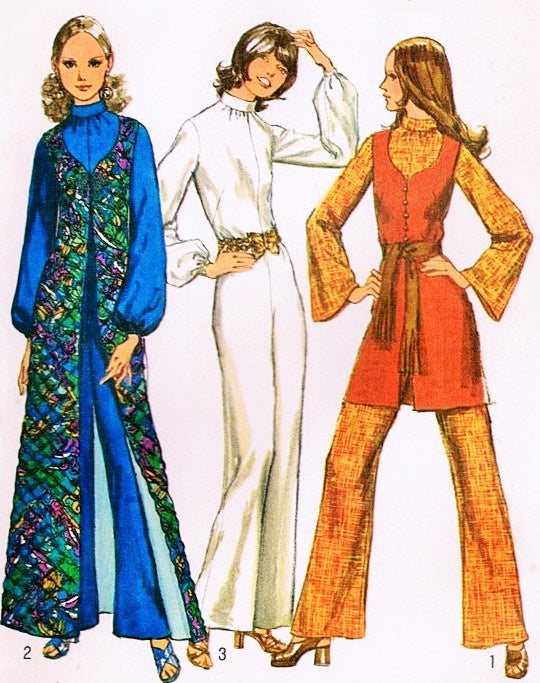 1970s JUMPSUIT and Tunic Vest Pattern SIMPLICITY 9720 Mini or Maxi Vest Flare Leg Jumpsuit Bust 38 Vintage Sewing Pattern UNCUT