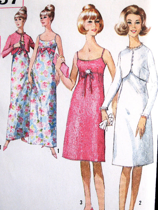 1960s LOVELY Evening Party Prom Dress and Jacket Pattern SIMPLICITY 5957 Slip Style Empire Gown or Cocktail Dress Cutaway Short Jacket Bust 33 Vintage Sewing Pattern