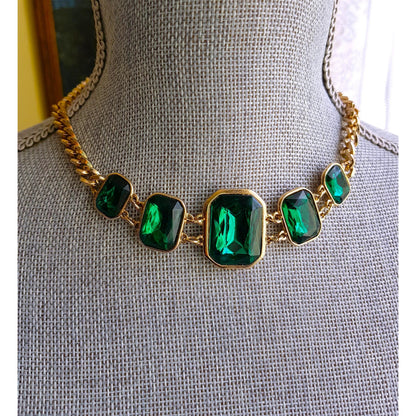 STRIKING Art Glass Necklace, Emerald Green Faceted Glass, Gold Tone Metal Setting, Statement Necklace, Collectible Vintage Jewelry