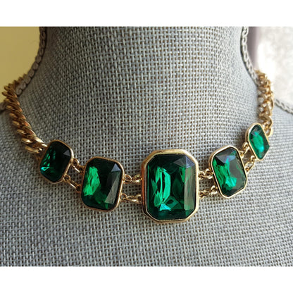 STRIKING Art Glass Necklace, Emerald Green Faceted Glass, Gold Tone Metal Setting, Statement Necklace, Collectible Vintage Jewelry