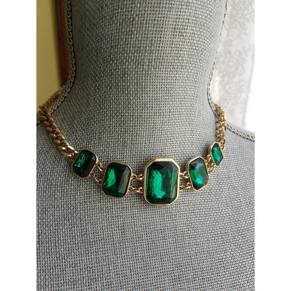 STRIKING Art Glass Necklace, Emerald Green Faceted Glass, Gold Tone Metal Setting, Statement Necklace, Collectible Vintage Jewelry