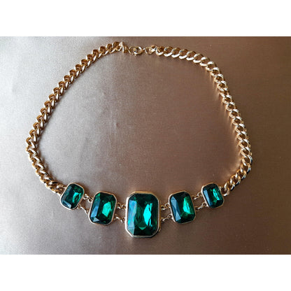 STRIKING Art Glass Necklace, Emerald Green Faceted Glass, Gold Tone Metal Setting, Statement Necklace, Collectible Vintage Jewelry