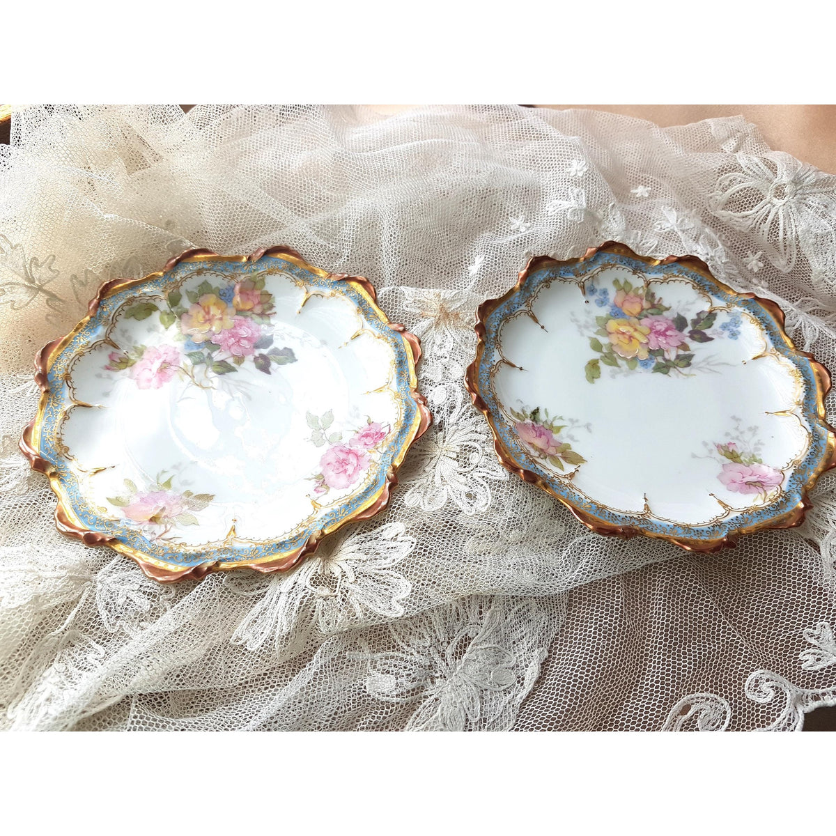 STUNNING Pair of Limoges Plates by LR & L, Beautifully Decorated With Pink Yellow Roses, Powder Blue Border, Scalloped Edges , Gold Trim