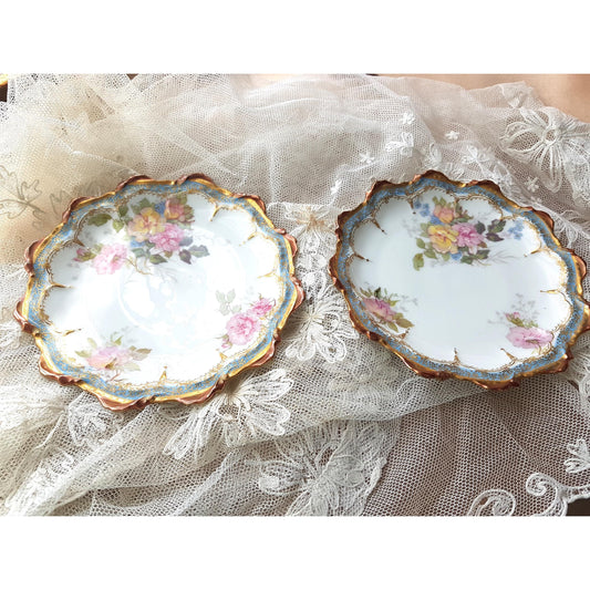 STUNNING Pair of Limoges Plates by LR & L, Beautifully Decorated With Pink Yellow Roses, Powder Blue Border, Scalloped Edges , Gold Trim