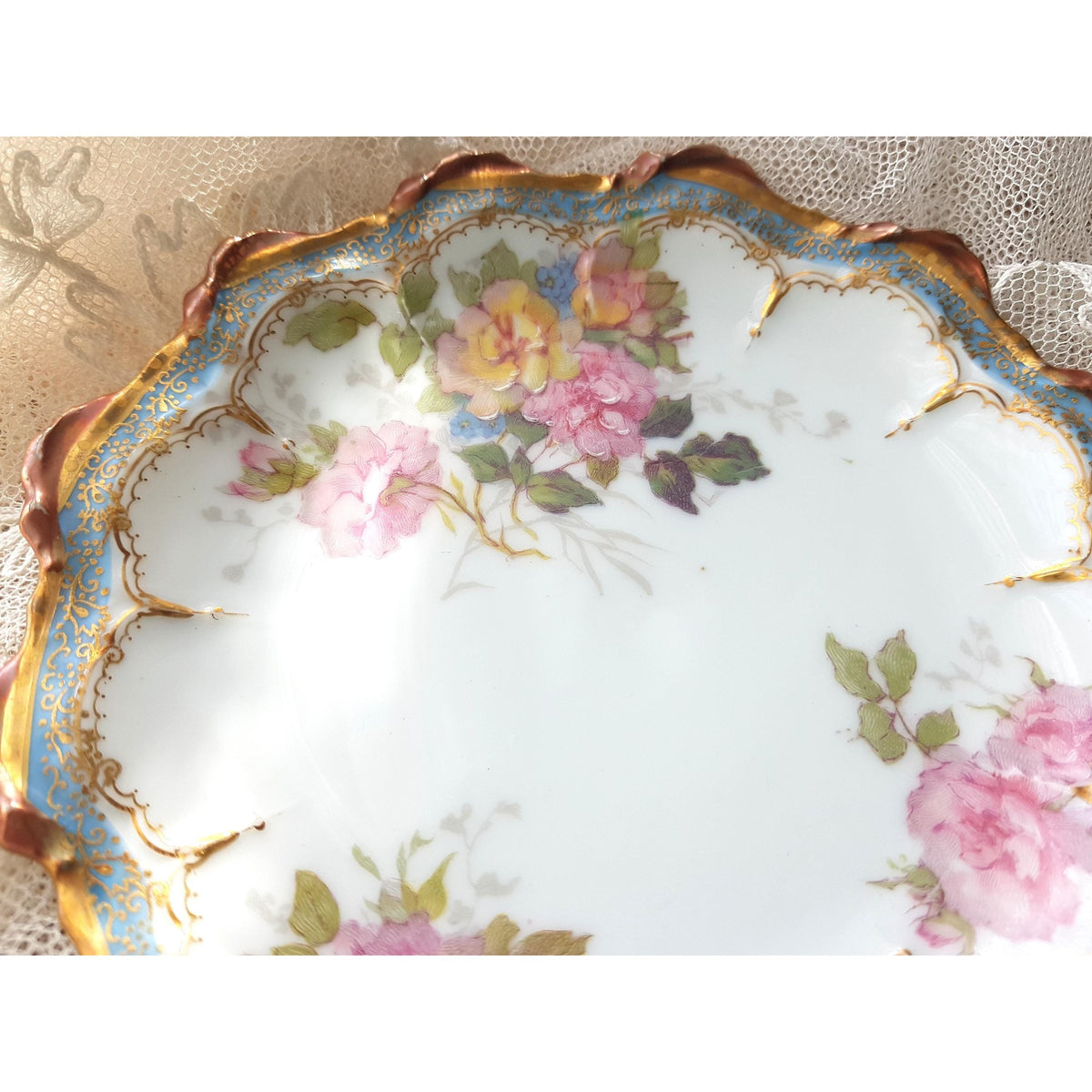 STUNNING Pair of Limoges Plates by LR & L, Beautifully Decorated With Pink Yellow Roses, Powder Blue Border, Scalloped Edges , Gold Trim
