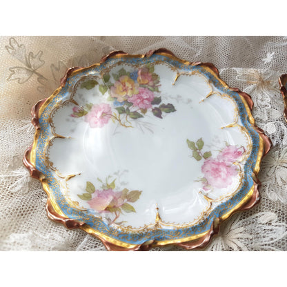 STUNNING Pair of Limoges Plates by LR & L, Beautifully Decorated With Pink Yellow Roses, Powder Blue Border, Scalloped Edges , Gold Trim