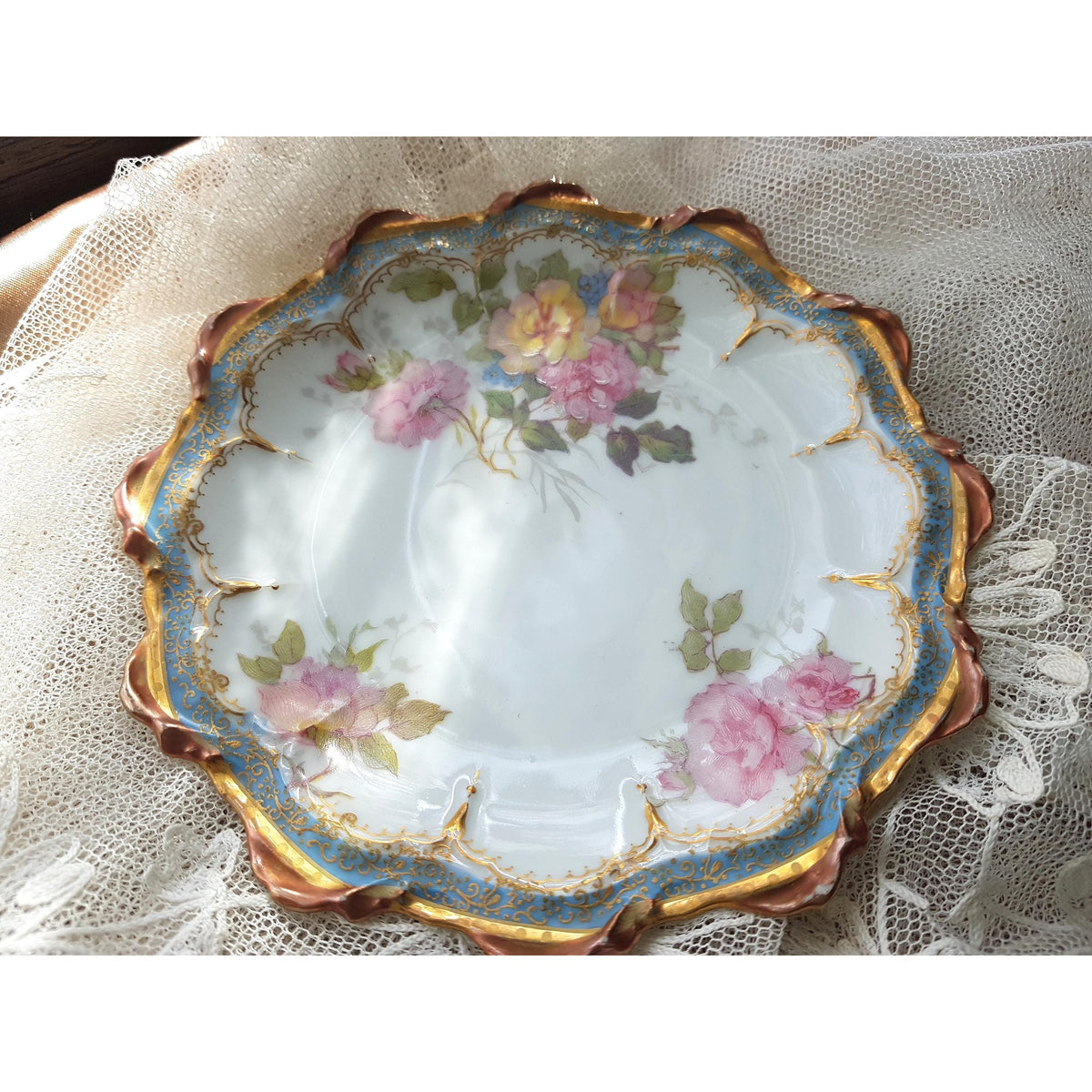 STUNNING Pair of Limoges Plates by LR & L, Beautifully Decorated With Pink Yellow Roses, Powder Blue Border, Scalloped Edges , Gold Trim