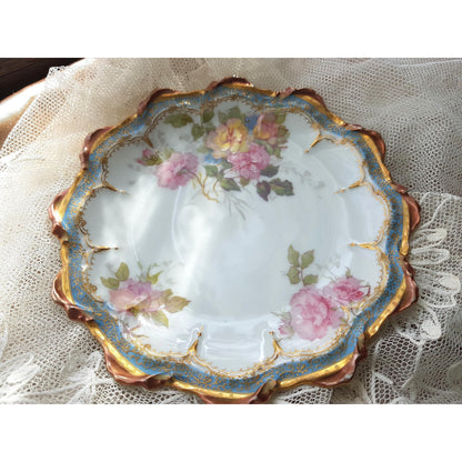 STUNNING Pair of Limoges Plates by LR & L, Beautifully Decorated With Pink Yellow Roses, Powder Blue Border, Scalloped Edges , Gold Trim