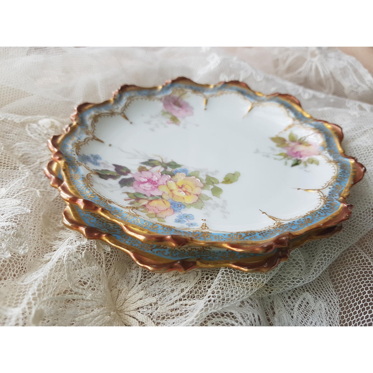 STUNNING Pair of Limoges Plates by LR & L, Beautifully Decorated With Pink Yellow Roses, Powder Blue Border, Scalloped Edges , Gold Trim