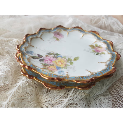 STUNNING Pair of Limoges Plates by LR & L, Beautifully Decorated With Pink Yellow Roses, Powder Blue Border, Scalloped Edges , Gold Trim