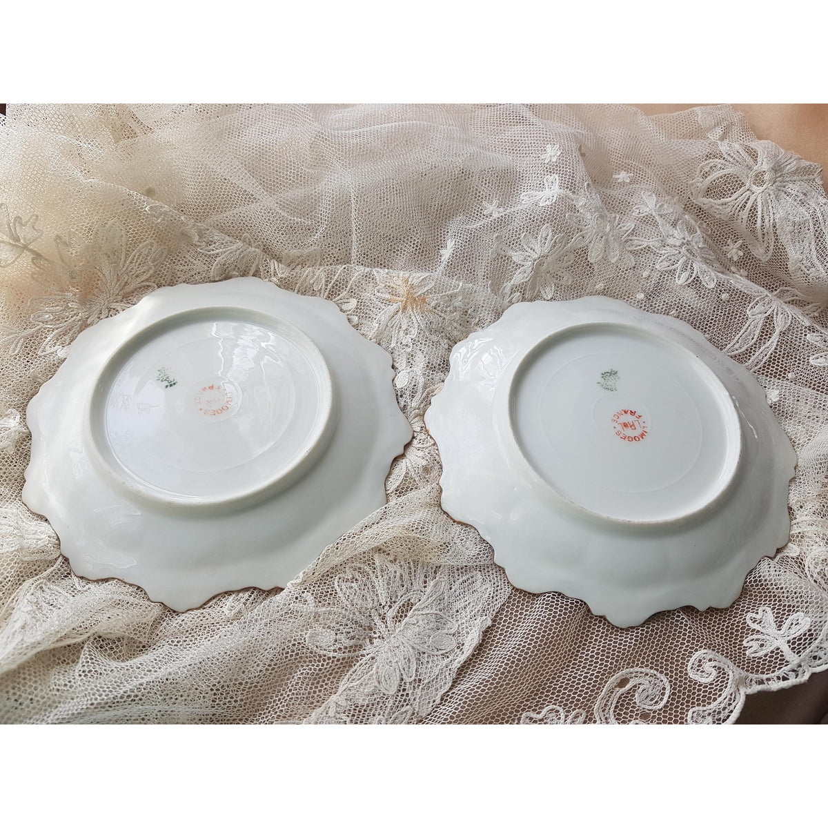 STUNNING Pair of Limoges Plates by LR & L, Beautifully Decorated With Pink Yellow Roses, Powder Blue Border, Scalloped Edges , Gold Trim