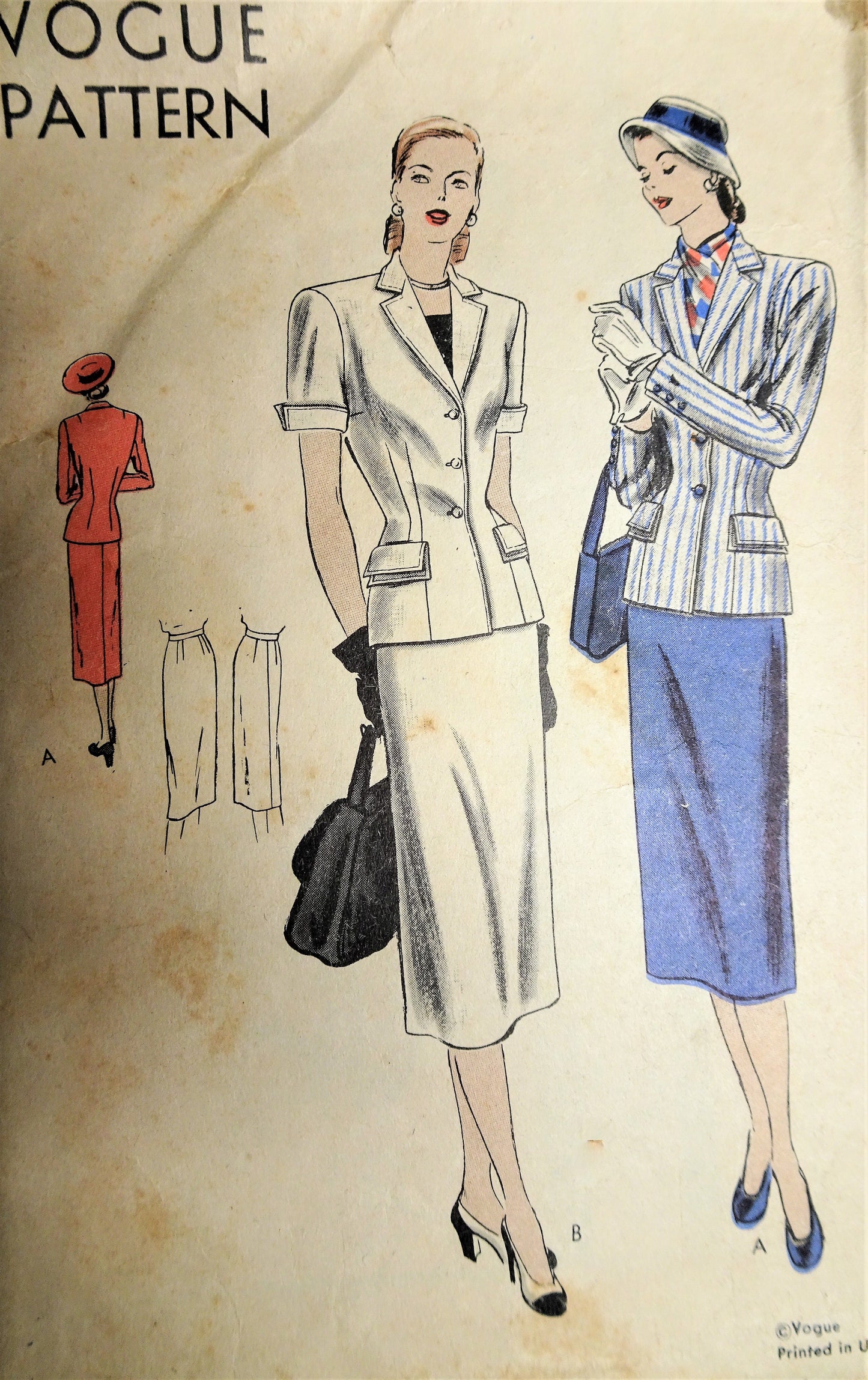 1940s CLASSY Slim Suit Pattern VOGUE 6047 Beautifully Designed Jacket and Slim Skirt Bust 32 Vintage Sewing Pattern