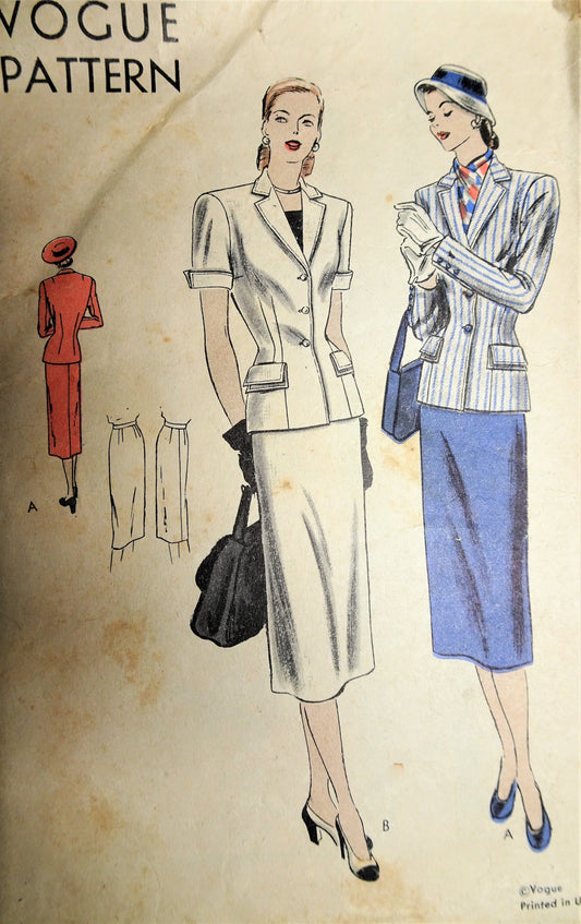 1940s CLASSY Slim Suit Pattern VOGUE 6047 Beautifully Designed Jacket and Slim Skirt Bust 32 Vintage Sewing Pattern