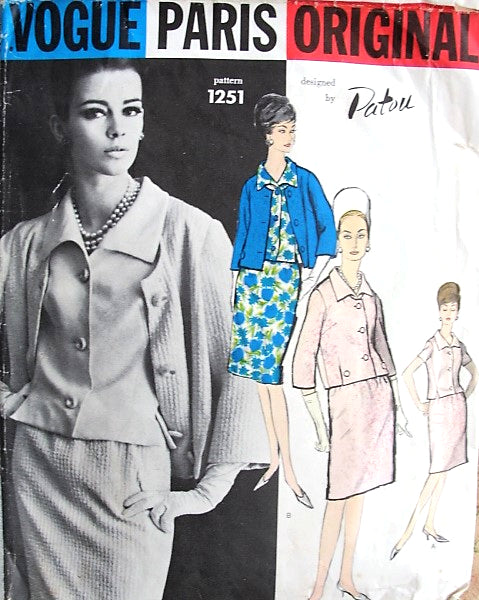1960s PATOU 3 Pc Suit Pattern VOGUE Paris Original 1251 Casual Elegance Slim Skirt, Loose Fitting Jacket, Overblouse With Shaped Collar Bust 34 Vintage Sewing Pattern UNCUT +Label