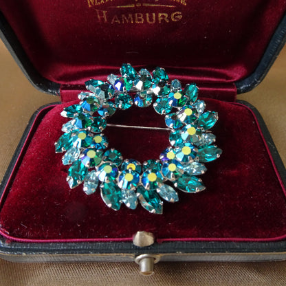 STRIKING Sherman Signed Brooch,Swarovski Peacock Blue Aurora Borealis Turquoise Glass, Collectible Mid Century Jewelry