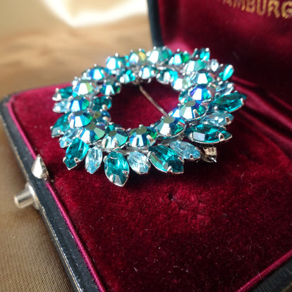 STRIKING Sherman Signed Brooch,Swarovski Peacock Blue Aurora Borealis Turquoise Glass, Collectible Mid Century Jewelry