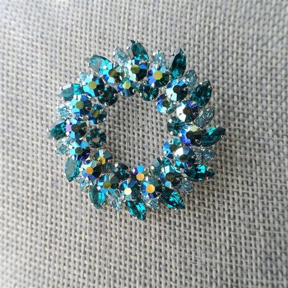 STRIKING Sherman Signed Brooch,Swarovski Peacock Blue Aurora Borealis Turquoise Glass, Collectible Mid Century Jewelry