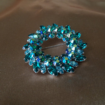 STRIKING Sherman Signed Brooch,Swarovski Peacock Blue Aurora Borealis Turquoise Glass, Collectible Mid Century Jewelry