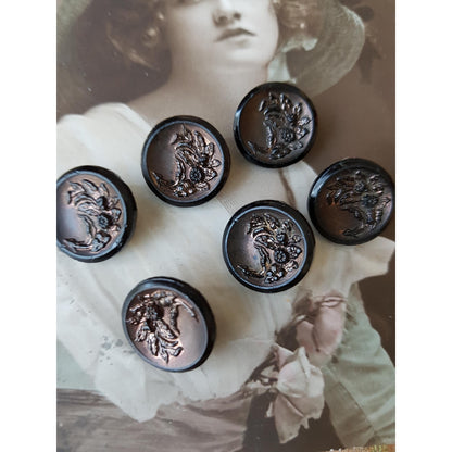 Antique French Jet Glass Victorian Fancy Buttons,Set of 6,Highly Detailed Design,ForHeirloom Sewing, Dolls, Collectible Vintage Buttons