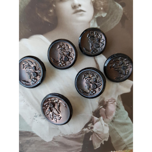 Antique French Jet Glass Victorian Fancy Buttons,Set of 6,Highly Detailed Design,ForHeirloom Sewing, Dolls, Collectible Vintage Buttons