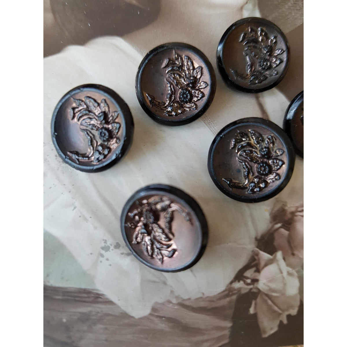 Antique French Jet Glass Victorian Fancy Buttons,Set of 6,Highly Detailed Design,ForHeirloom Sewing, Dolls, Collectible Vintage Buttons
