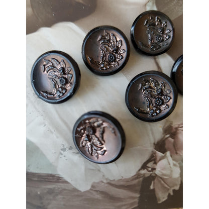 Antique French Jet Glass Victorian Fancy Buttons,Set of 6,Highly Detailed Design,ForHeirloom Sewing, Dolls, Collectible Vintage Buttons