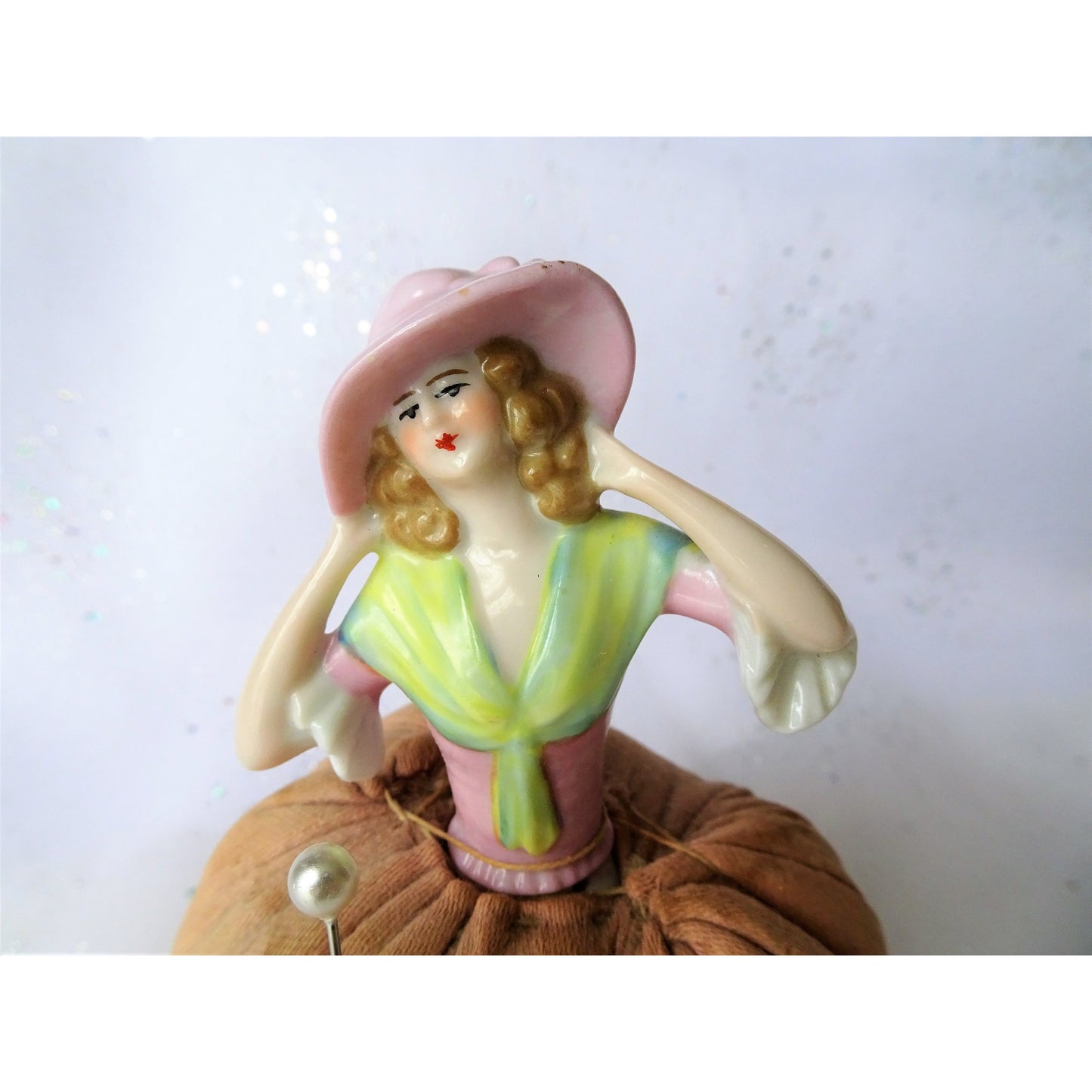LOVELY Antique Half Doll Pin Cushion,Tall Pincushion,Half Doll With Hat,Pincushion Doll for Sewing or Hatpins,Vanity or Sewing Room Display