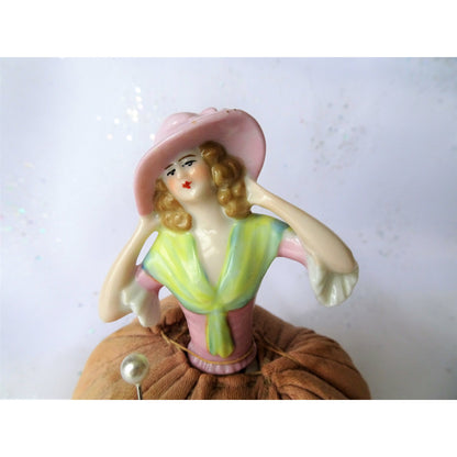 LOVELY Antique Half Doll Pin Cushion,Tall Pincushion,Half Doll With Hat,Pincushion Doll for Sewing or Hatpins,Vanity or Sewing Room Display