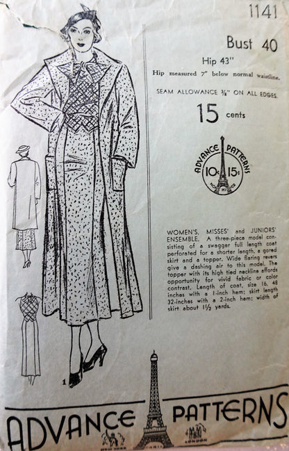 1930s ART DECO Swagger Coat, Slim Skirt and Blouse Pattern ADVANCE 1141 Fabulous Styles Bust 40 Vintage Sewing Pattern