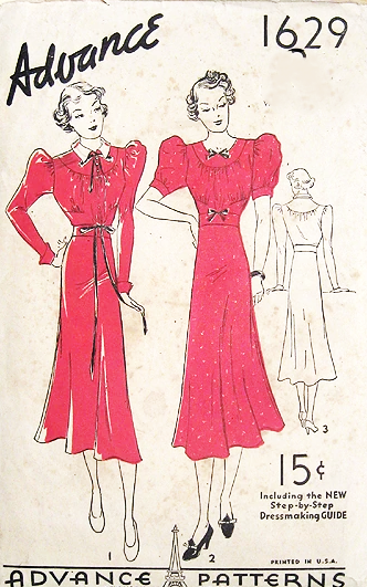 1930s ART DECO Dress Pattern ADVANCE 1629 Lovely Puff Sleeves Flattering Dress Bust 32 Vintage Sewing Pattern